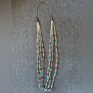Sold-Turquoise Coral & Heishi Shell 16” 4 Strand Native American Vintage Necklce